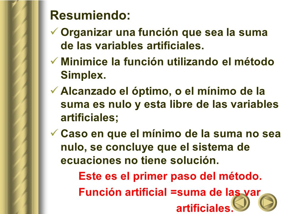 Resumiendo: Organizar una función que sea la suma de las variables artificiales. Minimice la función utilizando el método Simplex.