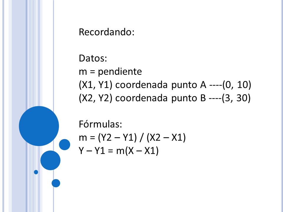 Recordando: Datos: m = pendiente. (X1, Y1) coordenada punto A ----(0, 10) (X2, Y2) coordenada punto B ----(3, 30)