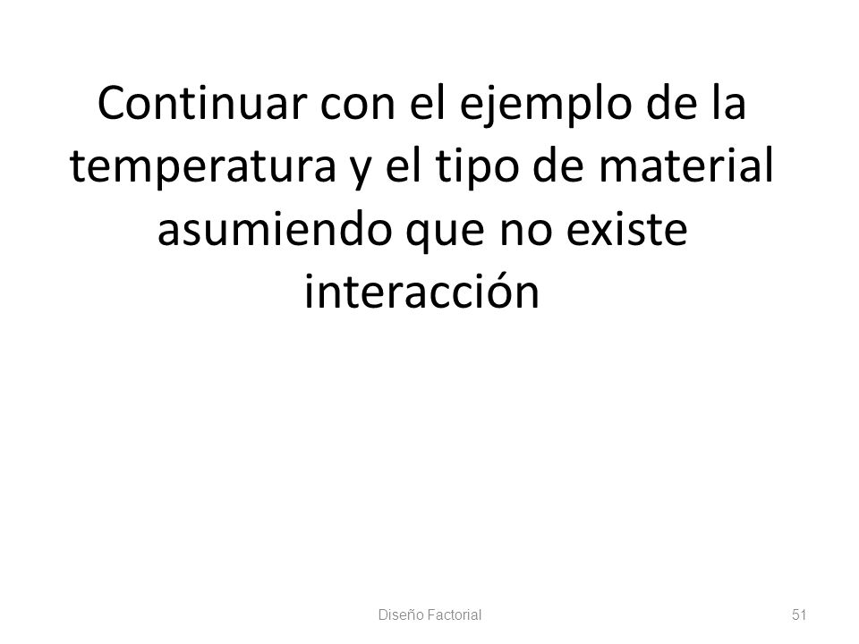 Continuar con el ejemplo de la temperatura y el tipo de material asumiendo que no existe interacción
