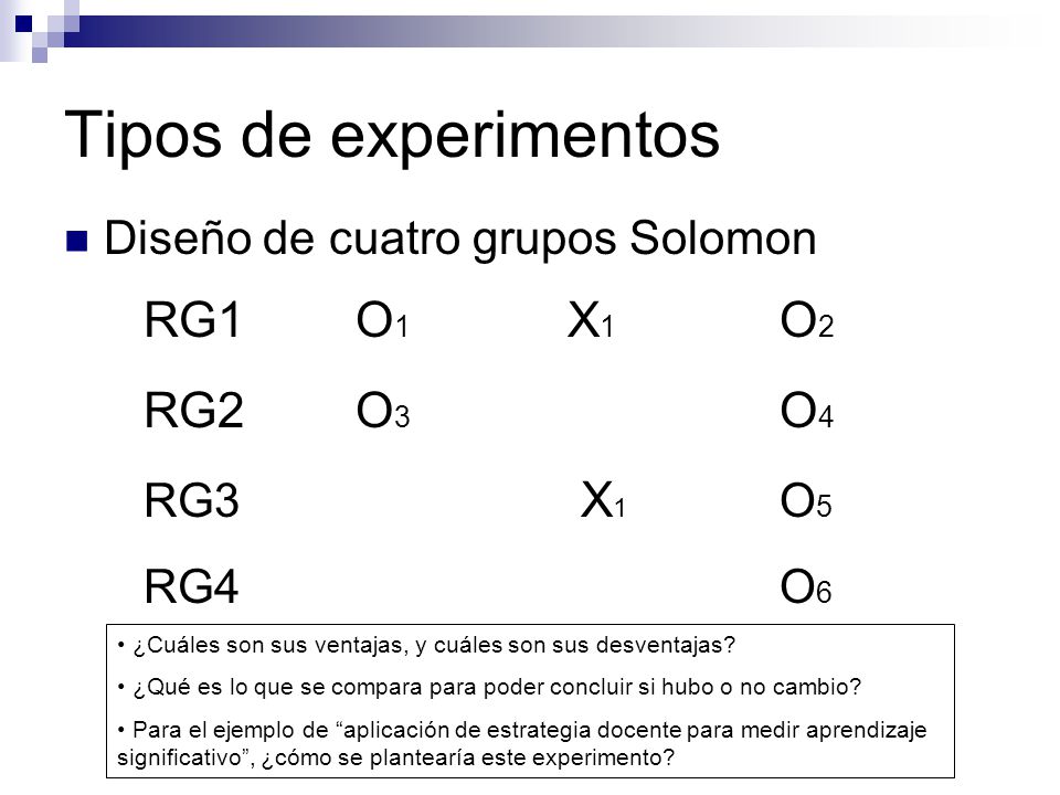 Tipos de experimentos RG1 O1 X1 O2 RG2 O3 O4