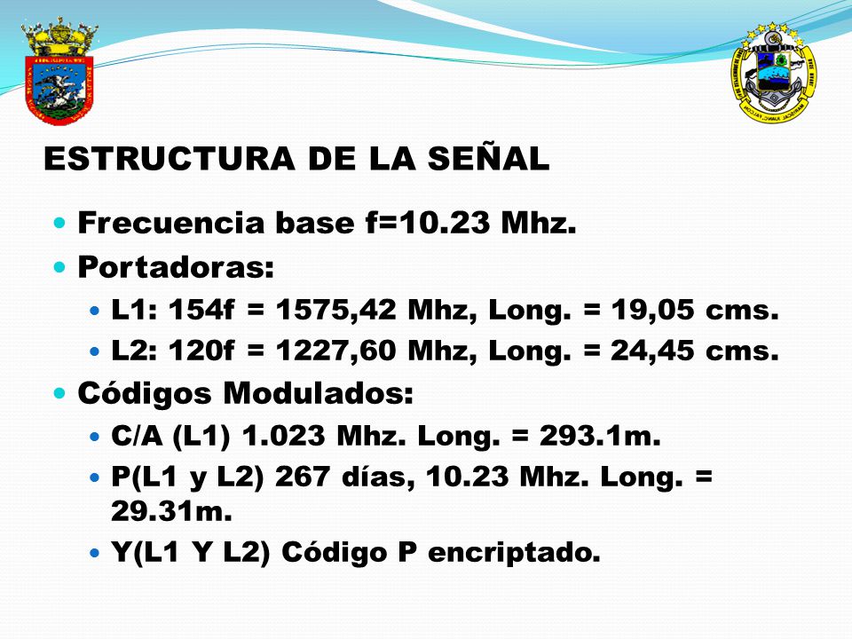 ESTRUCTURA DE LA SEÑAL Frecuencia base f=10.23 Mhz. Portadoras: