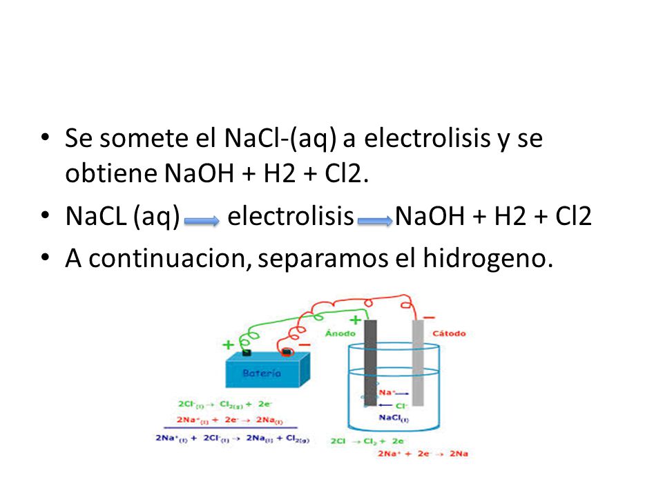 Se somete el NaCl-(aq) a electrolisis y se obtiene NaOH + H2 + Cl2.