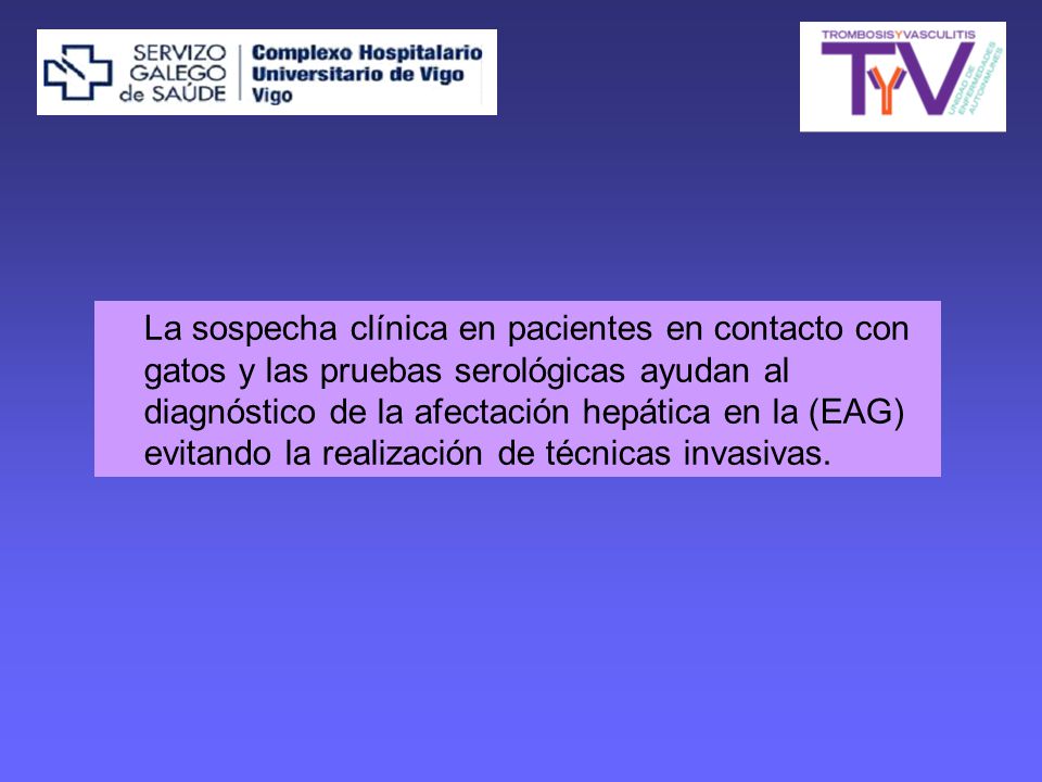 La sospecha clínica en pacientes en contacto con gatos y las pruebas serológicas ayudan al diagnóstico de la afectación hepática en la (EAG) evitando la realización de técnicas invasivas.