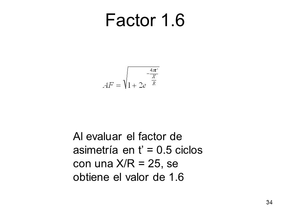 Factor 1.6 Al evaluar el factor de asimetría en t’ = 0.5 ciclos con una X/R = 25, se obtiene el valor de 1.6.