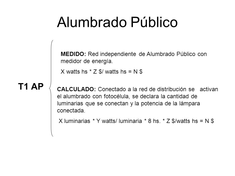 Alumbrado Público T1 AP. MEDIDO: Red independiente de Alumbrado Público con medidor de energía. X watts hs * Z $/ watts hs = N $