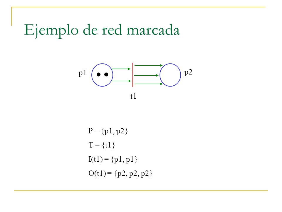 Ejemplo de red marcada   p1 p2 t1 P = {p1, p2} T = {t1}