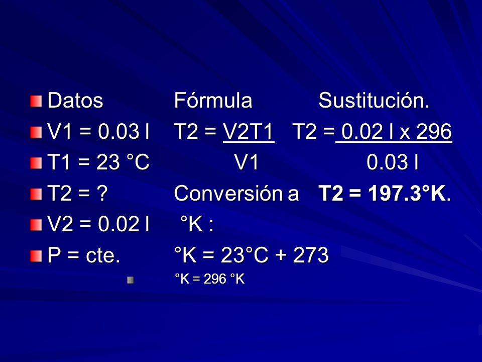 Datos Fórmula Sustitución. V1 = 0.03 l T2 = V2T1 T2 = 0.02 l x 296