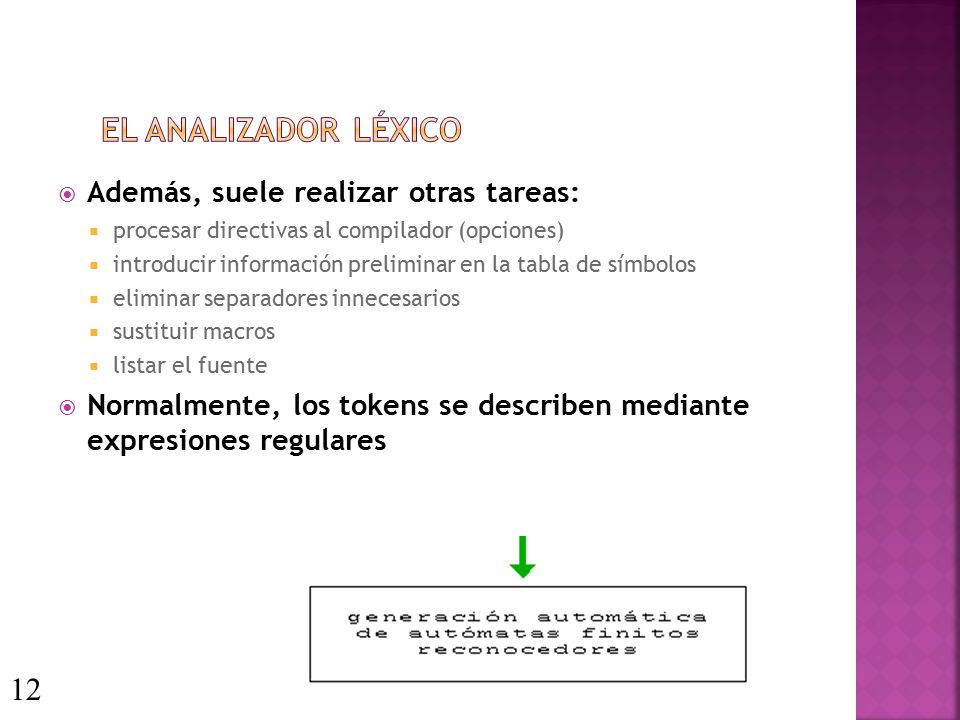 El analizador léxico 12 Además, suele realizar otras tareas: