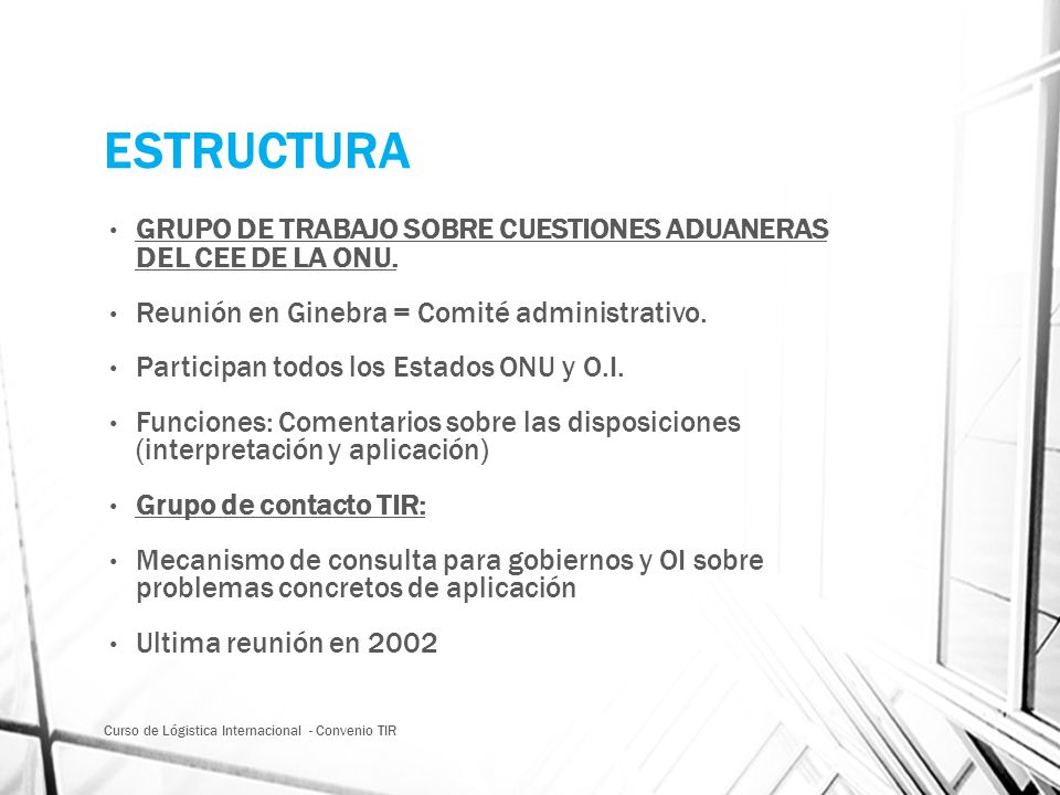 ESTRUCTURA GRUPO DE TRABAJO SOBRE CUESTIONES ADUANERAS DEL CEE DE LA ONU. Reunión en Ginebra = Comité administrativo.