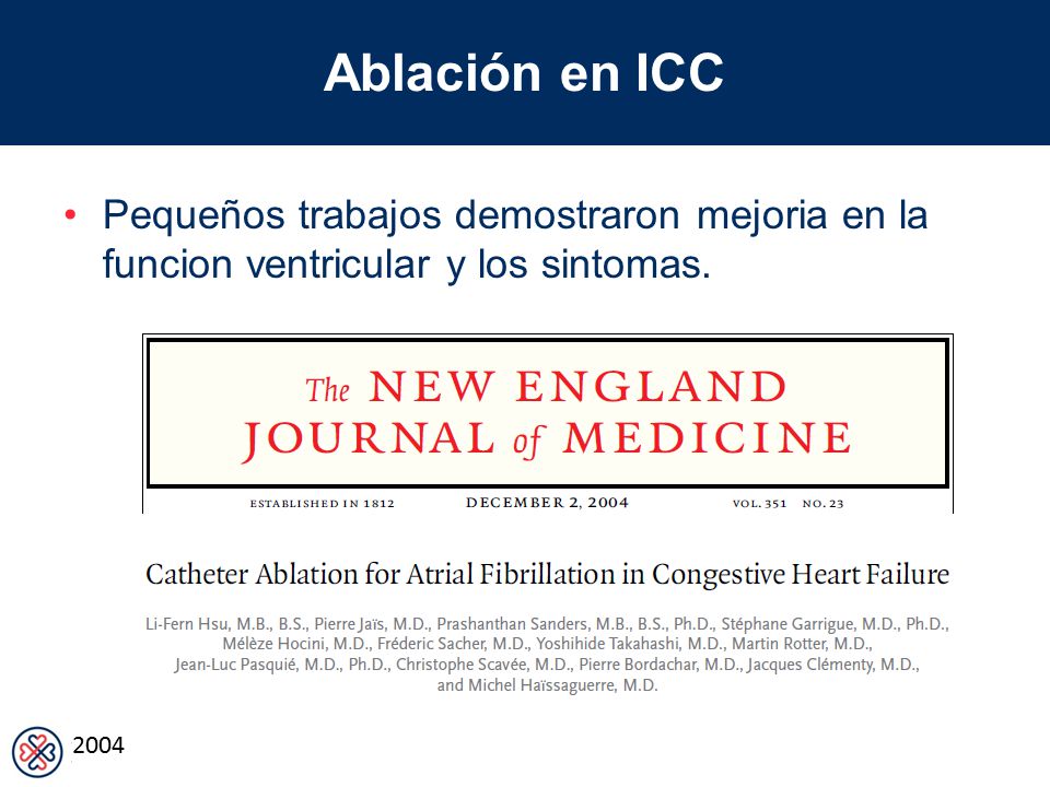 Ablación en ICC Pequeños trabajos demostraron mejoria en la funcion ventricular y los sintomas.