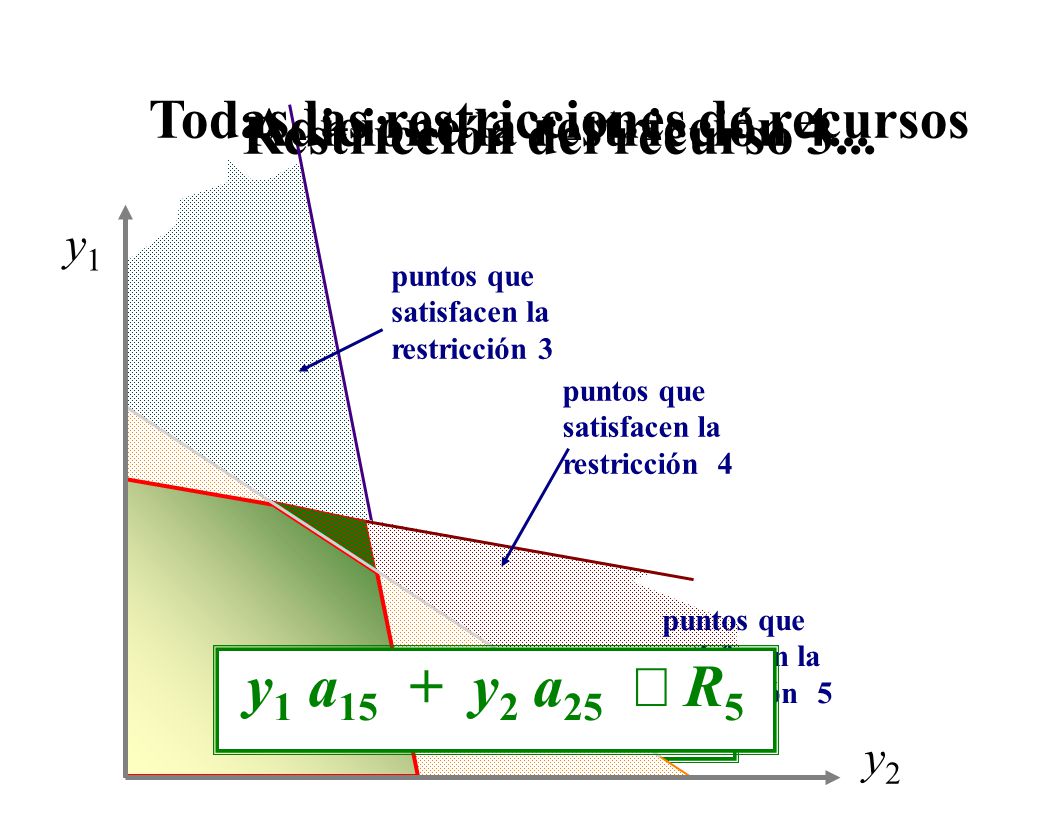 y1 a13 + y2 a23 ≤ R3 y1 a15 + y2 a25 £ R5 y1 a14 + y2 a24 £ R4