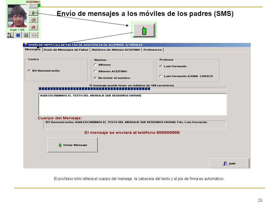 Envío de mensajes a los móviles de los padres (SMS)