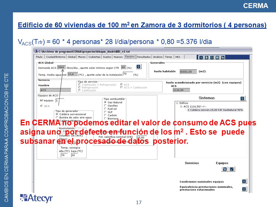 CERMA Edificio de 60 viviendas de 100 m2 en Zamora de 3 dormitorios ( 4 personas) VACS(Trfr) = 60 * 4 personas* 28 l/dia/persona * 0,80 =5.376 l/dia.