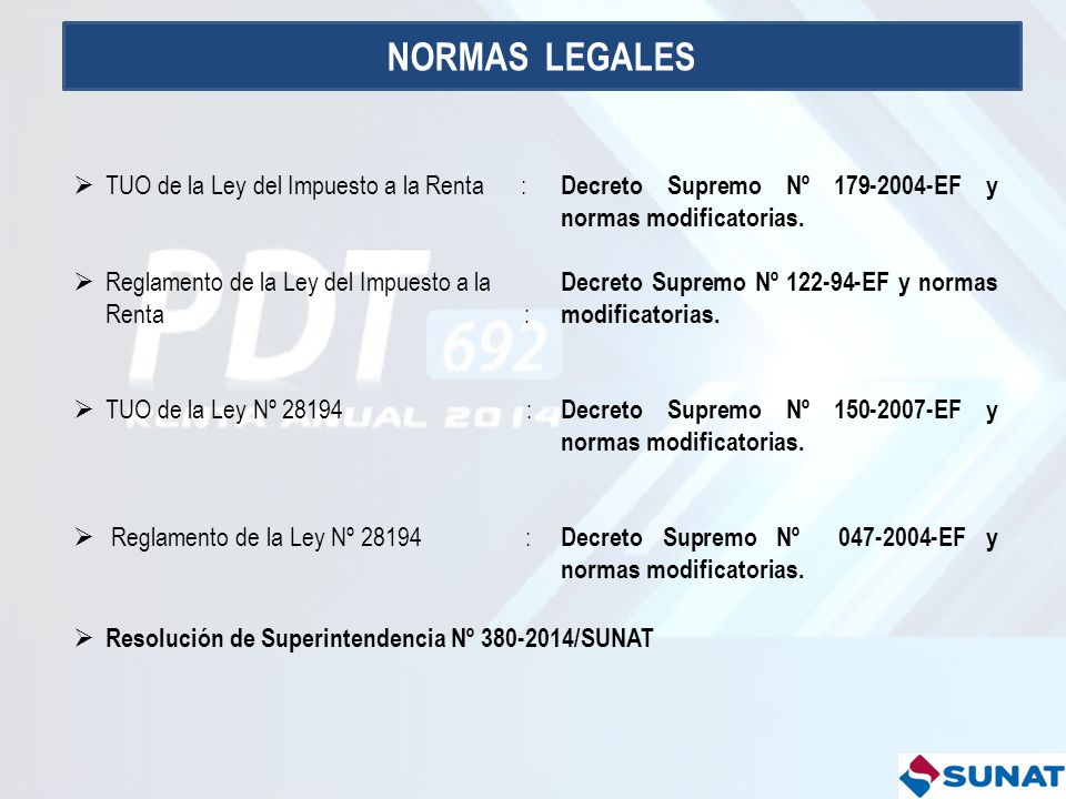 NORMAS LEGALES TUO de la Ley del Impuesto a la Renta :