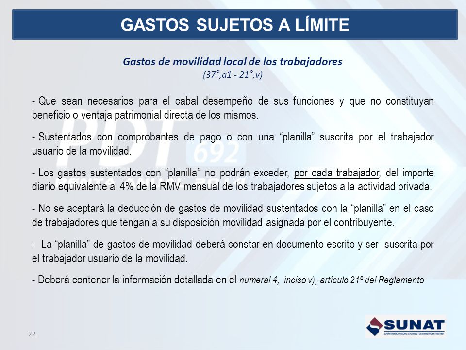 GASTOS SUJETOS A LÍMITE Gastos de movilidad local de los trabajadores