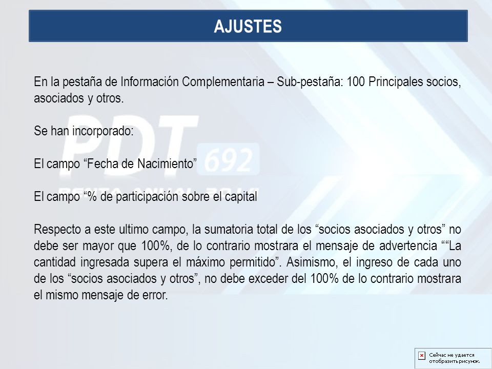AJUSTES En la pestaña de Información Complementaria – Sub-pestaña: 100 Principales socios, asociados y otros.