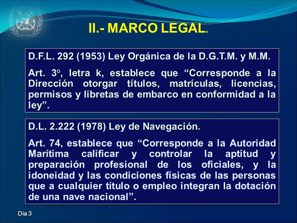 II.- MARCO LEGAL. D.F.L. 292 (1953) Ley Orgánica de la D.G.T.M. y M.M.