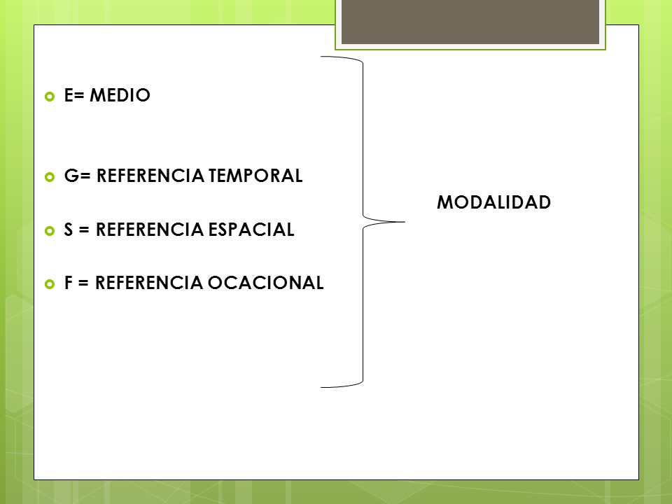 E= MEDIO G= REFERENCIA TEMPORAL MODALIDAD S = REFERENCIA ESPACIAL F = REFERENCIA OCACIONAL