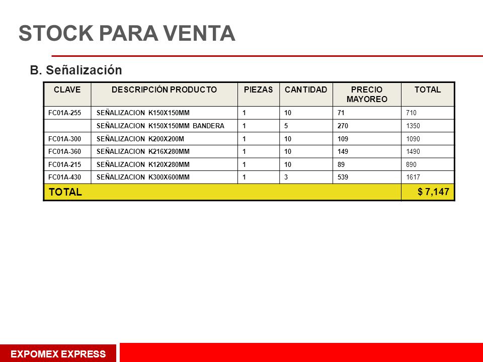 STOCK PARA VENTA B. Señalización $ 7,147 EXPOMEX EXPRESS CLAVE