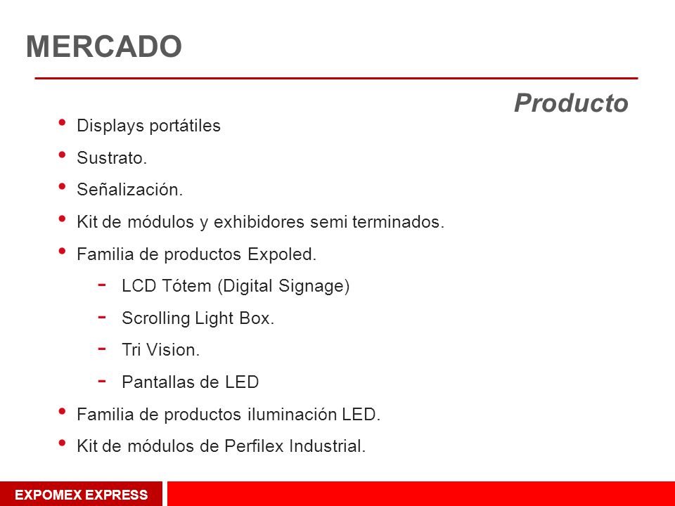 MERCADO Producto Displays portátiles Sustrato. Señalización.