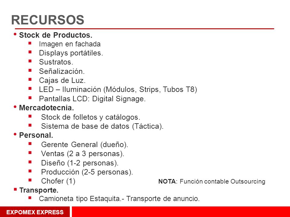 RECURSOS Stock de Productos. Displays portátiles. Sustratos.