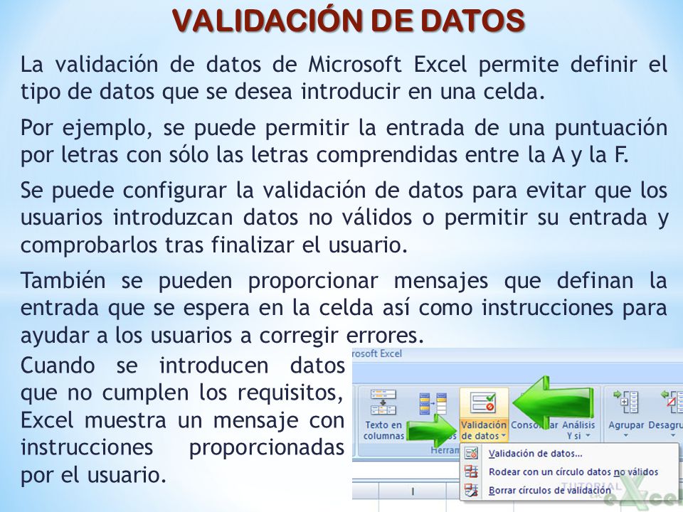 VALIDACIÓN DE DATOS La validación de datos de Microsoft Excel permite definir el tipo de datos que se desea introducir en una celda.
