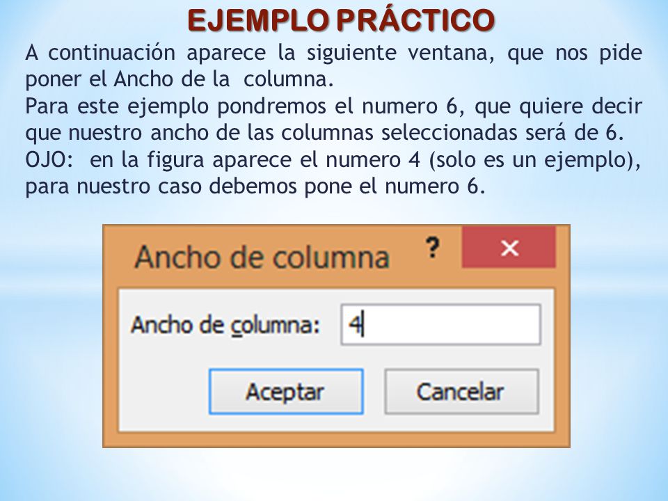 EJEMPLO PRÁCTICO A continuación aparece la siguiente ventana, que nos pide poner el Ancho de la columna.