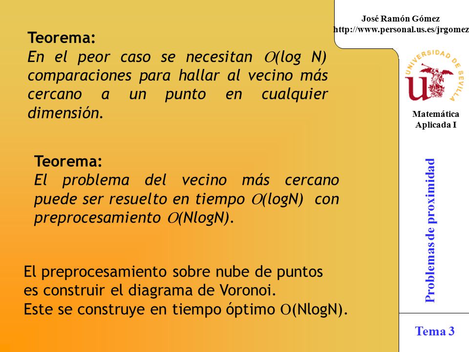 Teorema: En el peor caso se necesitan (log N) comparaciones para hallar al vecino más cercano a un punto en cualquier dimensión.