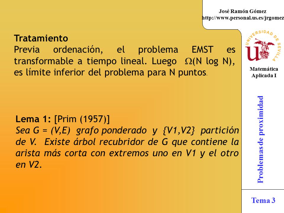 Tratamiento Previa ordenación, el problema EMST es transformable a tiempo lineal. Luego (N log N), es límite inferior del problema para N puntos.