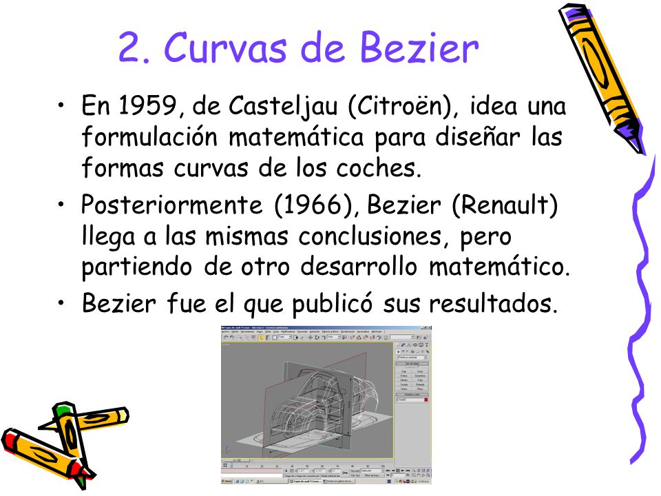 2. Curvas de Bezier En 1959, de Casteljau (Citroën), idea una formulación matemática para diseñar las formas curvas de los coches.