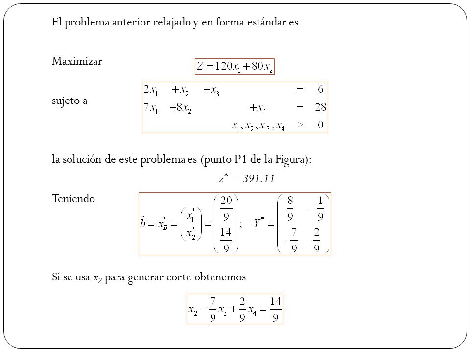 El problema anterior relajado y en forma estándar es Maximizar sujeto a la solución de este problema es (punto P1 de la Figura): z* = Teniendo Si se usa x2 para generar corte obtenemos