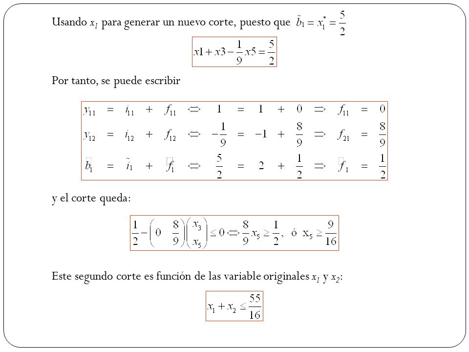 Usando x1 para generar un nuevo corte, puesto que Por tanto, se puede escribir y el corte queda: Este segundo corte es función de las variable originales x1 y x2: