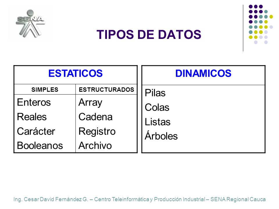 TIPOS DE DATOS ESTATICOS Enteros Reales Carácter Booleanos Array