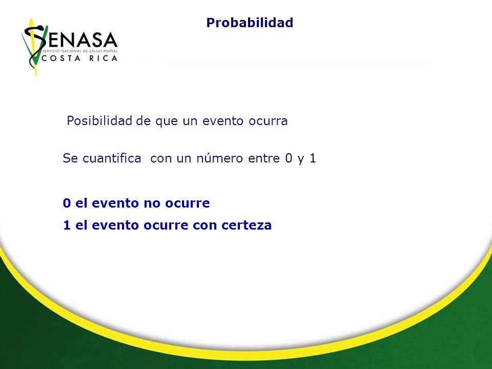 Probabilidad Posibilidad de que un evento ocurra. Se cuantifica con un número entre 0 y 1. 0 el evento no ocurre.