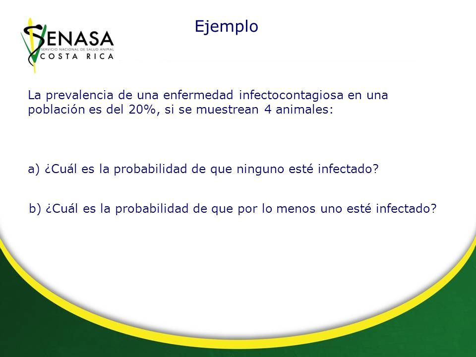 Ejemplo La prevalencia de una enfermedad infectocontagiosa en una población es del 20%, si se muestrean 4 animales: