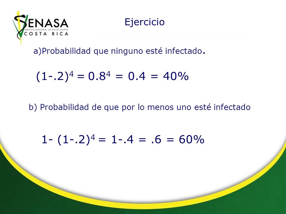 (1-.2)4 = 0.84 = 0.4 = 40% 1- (1-.2)4 = 1-.4 = .6 = 60% Ejercicio