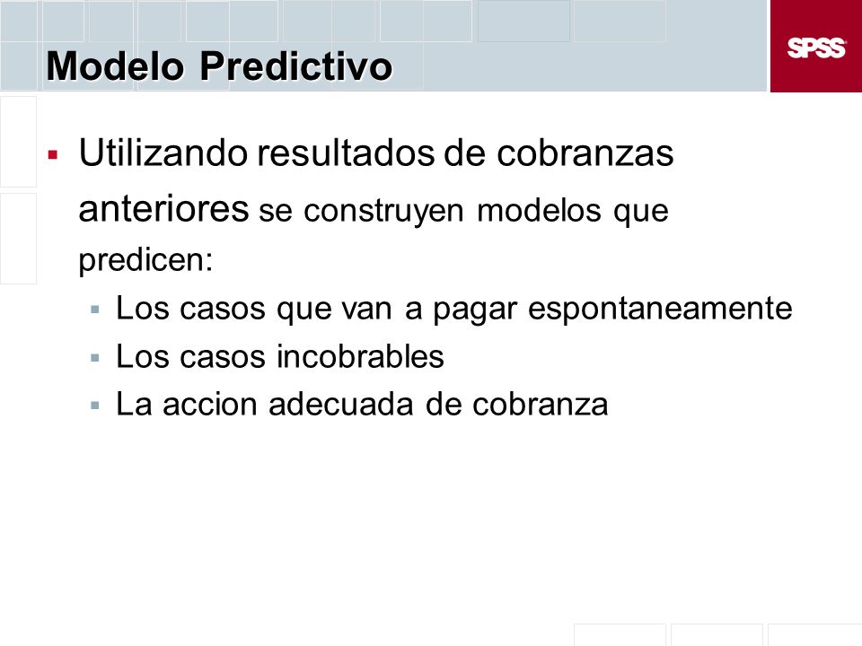 Modelo Predictivo Utilizando resultados de cobranzas anteriores se construyen modelos que predicen: