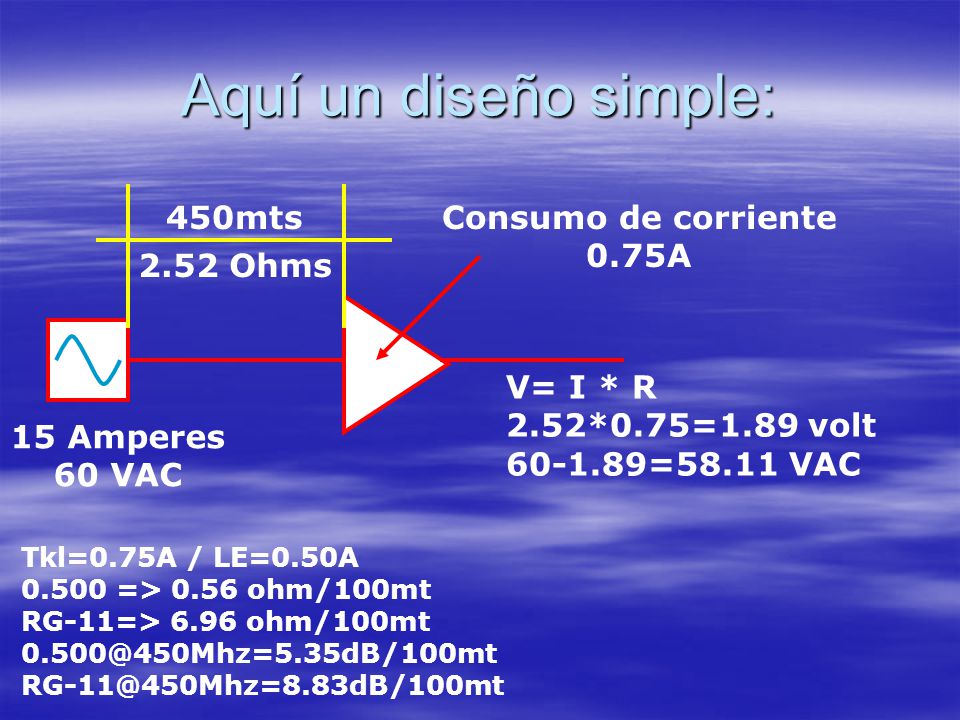 Aquí un diseño simple: 450mts Consumo de corriente 0.75A 2.52 Ohms