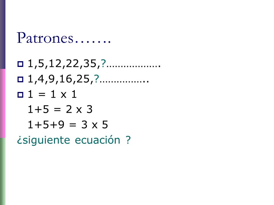 Patrones……. 1,5,12,22,35, ………………. 1,4,9,16,25, …………….. 1 = 1 x 1