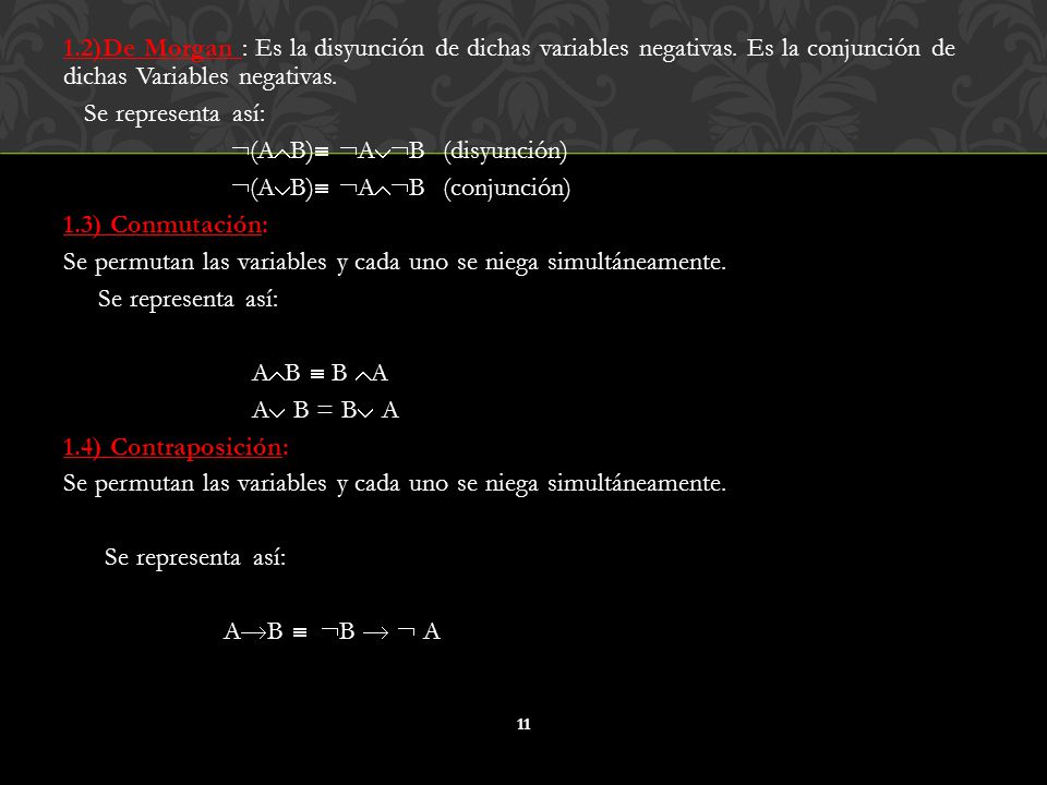1. 2)De Morgan : Es la disyunción de dichas variables negativas