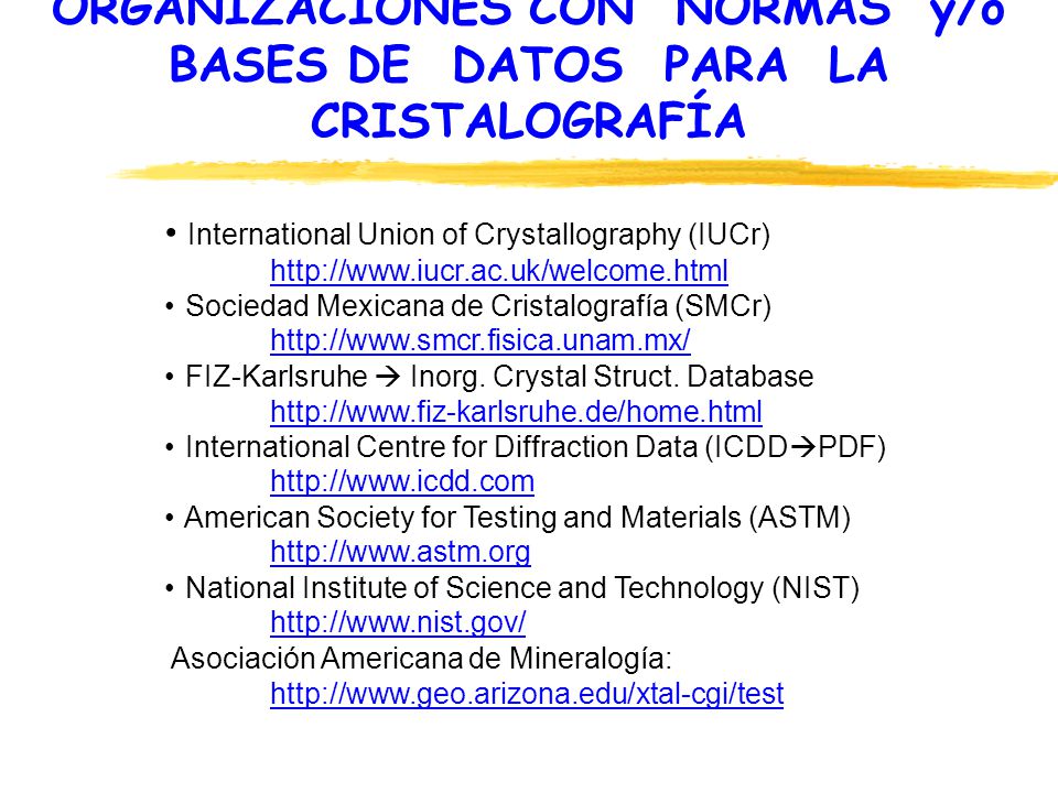 ORGANIZACIONES CON NORMAS y/o BASES DE DATOS PARA LA CRISTALOGRAFÍA