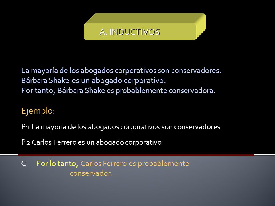A. INDUCTIVOS La mayoría de los abogados corporativos son conservadores. Bárbara Shake es un abogado corporativo.