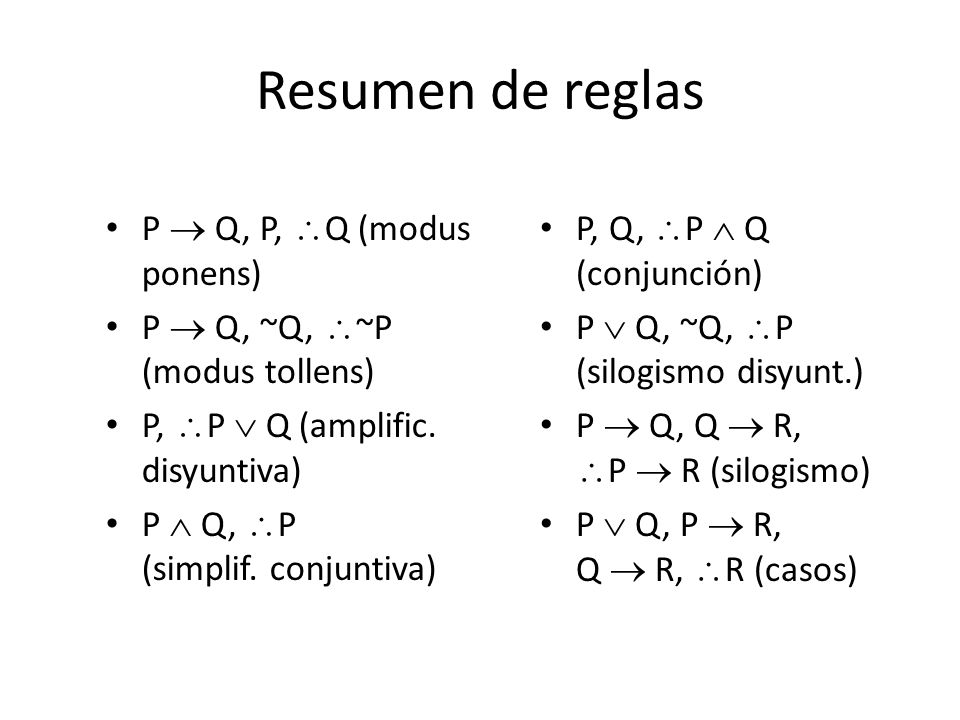 Resumen de reglas P  Q, P, Q (modus ponens)