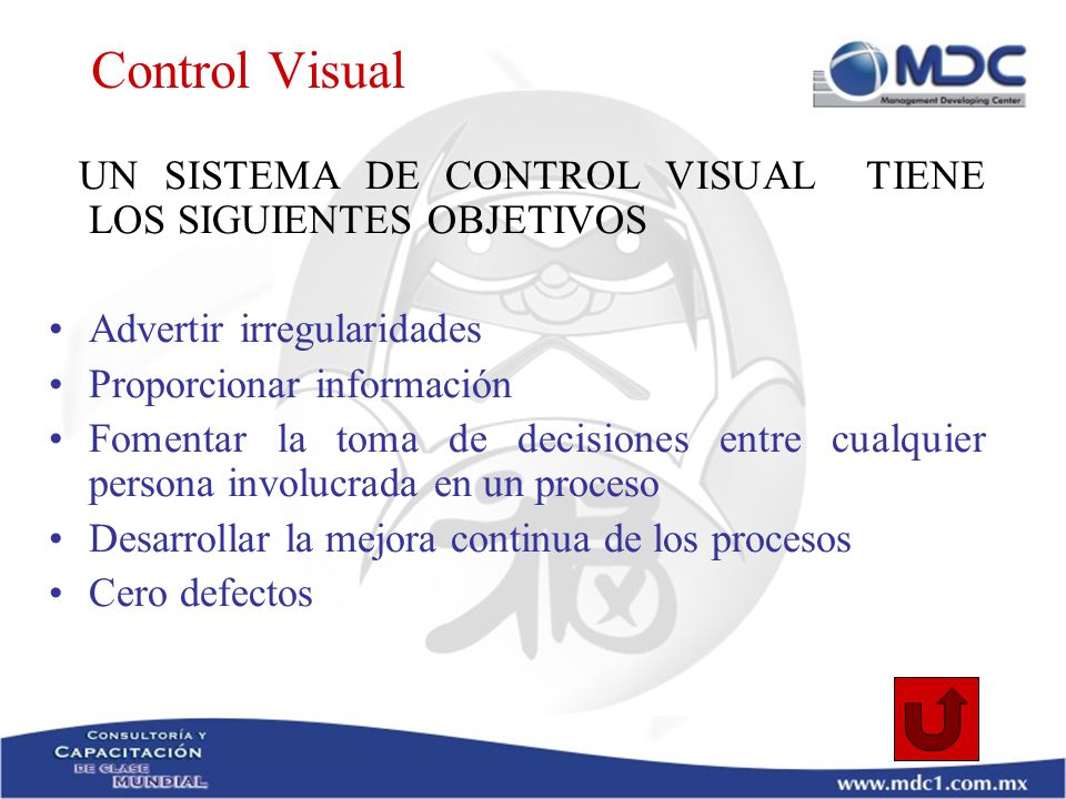 Control Visual UN SISTEMA DE CONTROL VISUAL TIENE LOS SIGUIENTES OBJETIVOS. Advertir irregularidades.