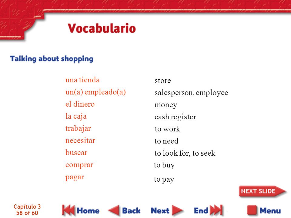 una tienda store un(a) empleado(a) el dinero salesperson, employee