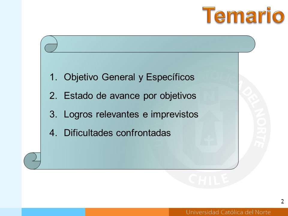 Temario Objetivo General y Específicos Estado de avance por objetivos