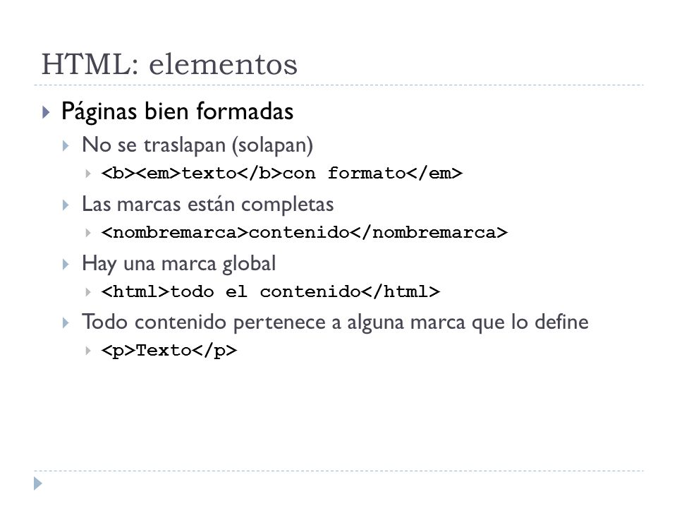 HTML: elementos Páginas bien formadas No se traslapan (solapan)