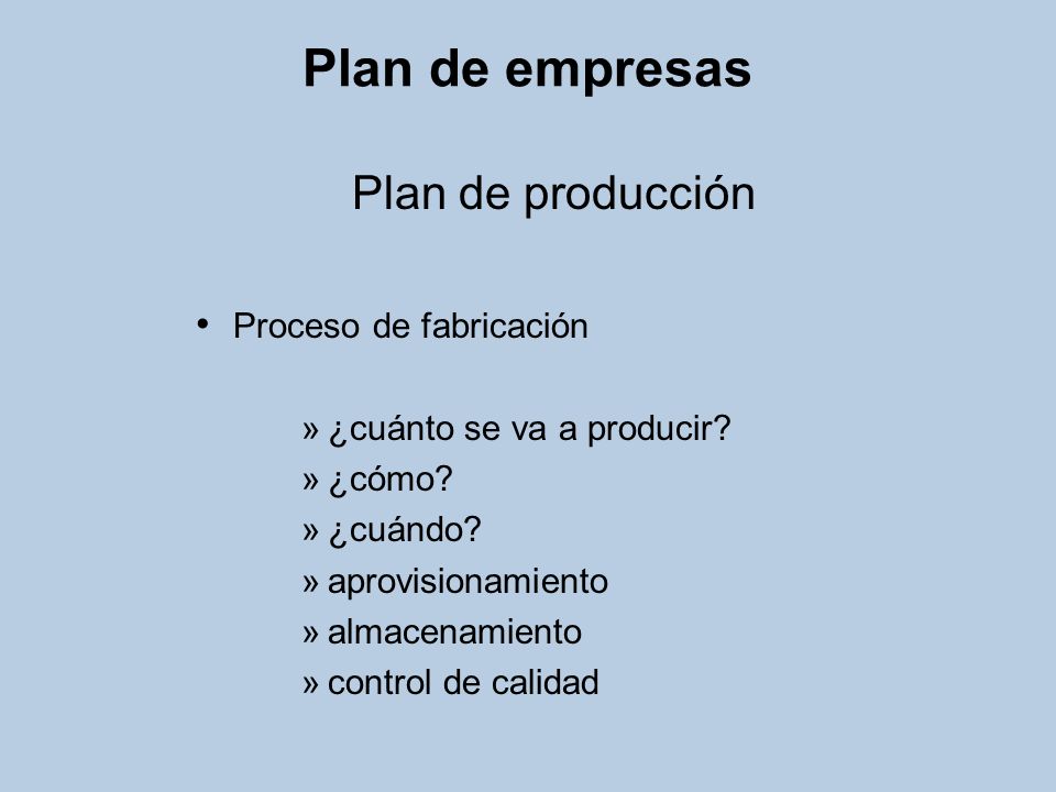 Plan de empresas Plan de producción Proceso de fabricación