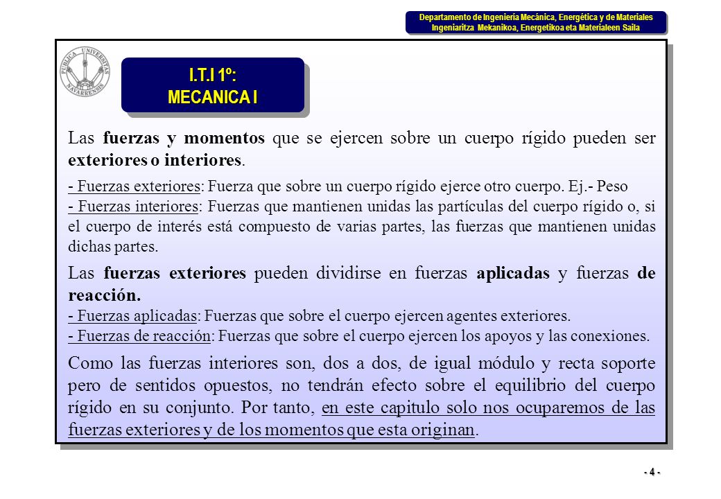 Las fuerzas y momentos que se ejercen sobre un cuerpo rígido pueden ser exteriores o interiores.