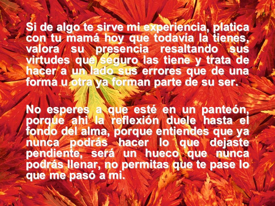 Si de algo te sirve mi experiencia, platica con tu mamá hoy que todavía la tienes, valora su presencia resaltando sus virtudes que seguro las tiene y trata de hacer a un lado sus errores que de una forma u otra ya forman parte de su ser.